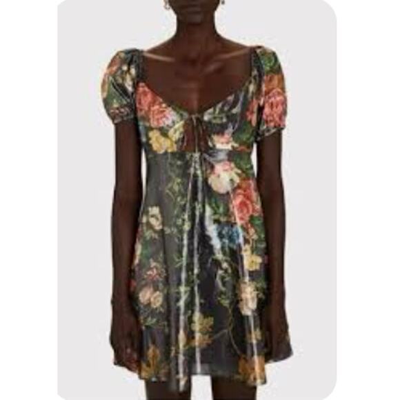 STAUD Camilla Dress  Size 8 Floral Metallic Puff Sleeve Mini Tie Front Coquette - Picture 2 of 16